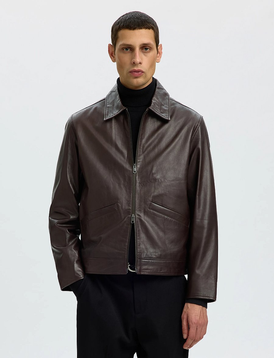 Selected SLMScott Leather Jacket i brunt